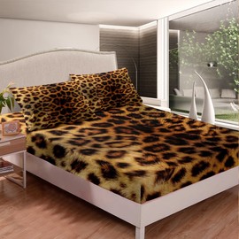 Leopard Fur Fitted Sheet Safari Cheetah Fleece Bedding Sheet for Boys Girls Wild Animal Bed Sheet Set Wildlife King Size 3Pcs