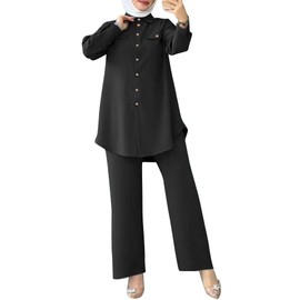 Muslim Women's Long Top Dress Wide Leg Pants Loose Women Modest Islamic Dubai Dress Kaftan Abayas Islamic Abaya Casual Prayer Clothes Khimar Middle East Eid Ramadan Black- Button Down Shirt XXL