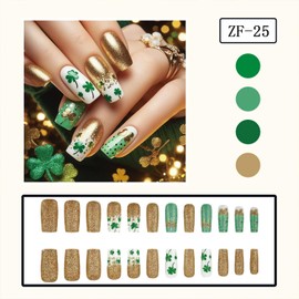 St. Patrick's Day Press on Nails Medium Square Fake Nails with Shamrock Designs Gold Glitter False Nails Full Cover Stick on Nails Acrylic Artificial Nails for Women Glue on Nails 24 Pcs