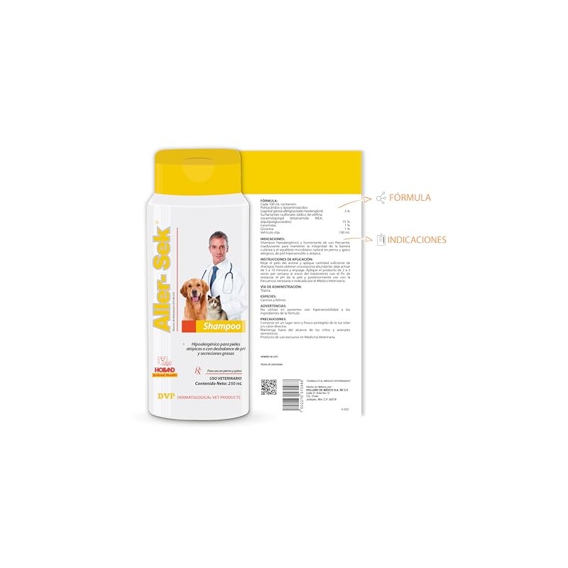 HOLLAND Aller-sek 250 ml, Shampoo Hipoalergénico para Perros y Gatos