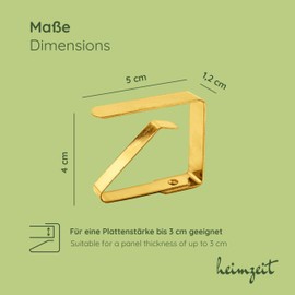 heimzeit Tablecloth Clips Made of High-Quality Stainless Steel [Pack of 6, 4 cm] Colour: Gold, Tablecloth Holder for Outdoor and Indoor Use, Table Cloth Clips for Tables with Max. Plate Thickness of 3 cm