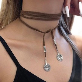 Aneneiceera Vintage Long Vagan Suede Necklace Brown Boho Leather Wrap Choker Necklace Leather Disc Coin Necklace Sweater Chain Jewelry for Women and Girls