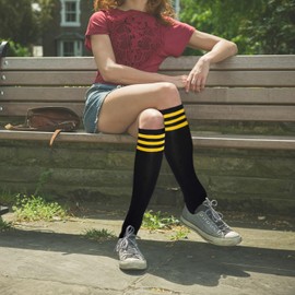 KONY Women's 4 Pairs Striped Knee High Socks Soft Stretch Cotton All Season Gift Size 6-10 (Triple Stripe Black)