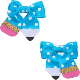 NUVCELKA Blue Polka Dot Hair Bow for School Girls - Cute Pencil Shaped Grosgrain Ribbon Clip - Class Photo Hair Accessory for Students & Teachers - Secure Metal Fastener - 3.9 Inch
