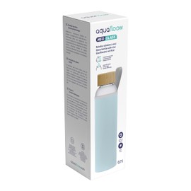 Aquafloow Trinkflasche Glas 700 ml mit Neoprenhülle, Transparente Wasserflasche aus Borosilikat Glas mit Bambusdeckel | Ideal für Büro, Outdoor, Schule, für Kohlensäurehaltige Getränke – Lichtblau