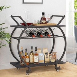 LVB Black Wine Cart with Wheels, Modern Bar Cart with Wine Rack, Industrial Beverage Rolling Kitchen Serving Cart with Storage, Metal Wooden Microwave Drink Liquor Cart for Home Dining Room, Black Oak