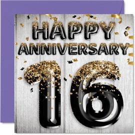 Awesome 16th Anniversary Card for Husband Boyfriend Wife Girlfriend - Black Gold Glitter Balloons - Happy 16 Anniversary Cards from Family, 5.7 x 5.7 Inch Greeting Cards for Sixteenth Anniversaries