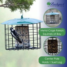 Backyard Essentials Squirrel Defeater Seed or Suet Log Cage Feeder Holds 1 Large Suet or Seed Log - Squirrel Proof Metal Bird Feeder - Designed for Woodpeckers and Clingers