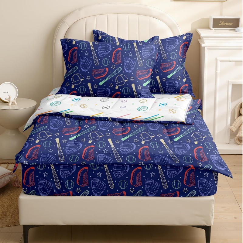 Yadangxiawa Kids Comforter Set,Zipper Bedding Twin for Boys,Baseballs Printed Comforter