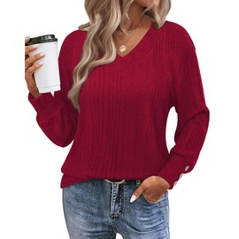 Red Sweater for Woman,Burgundy V Neck Tunic Shirts Ladies Long Sleeve Button Decor Warm Soft Lightweight Pullover Sweatshirt with No Hooded Trendy Basic Solid Funeral Church Holiday Wine M