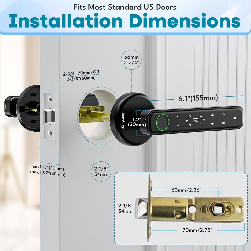 Zengtumy Fingerprint Door Lock, Door Locks for Bedrooms, Biometric Door