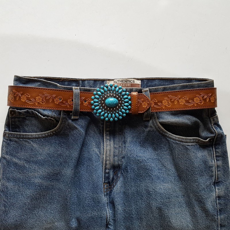 Trending Turquoise Buckle w. tooled Floral Belt Tan L