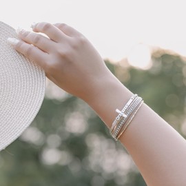 FANCY SHINY Cross Leather Wrap Bracelets Christian Jewelry Religious Baptism Gifts for Women Boho Bead Charm Bracelets with Magnetic Clasp(Gold)