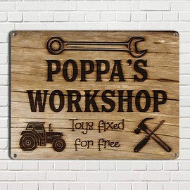 Poppa’s Workshop Toys Fixed for Free, 11.5 x 15.5 Inch Aluminum Sign, Vintage Workshop and Garage Signs Wall Decor, Gifts for Papa, Dad, Pop, Woodworking, Woodturning, Cabinet Maker, Mechanic