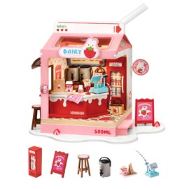Robotime DIY Miniature House Kit, 1:28 Scale Tea Shop Scale Diorama Dollhouse with LED Lights, 3D Wooden Puzzle for Adults, Creative Crafts & Unique Gift for Craft Enthusiasts (Strawberry Milk Box)