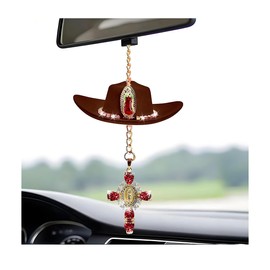 TNAIYH Bling Car Western Cowboy Hat Cross Charm, Cute Handmade Felt Rhinestone Country Vehicle Rear View Mirror Hanging Ornament, Mini Hat Auto Mirror Pendant for Women, Universal Fit (Coffee)