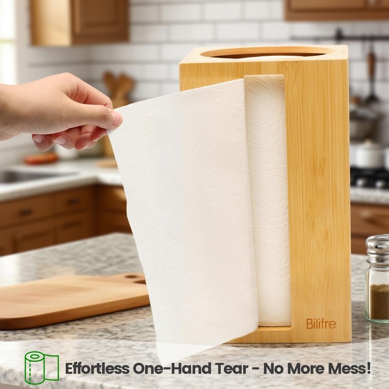 Bilifre Bamboo Paper Towel Holder with Hooks – One-Hand Tear,