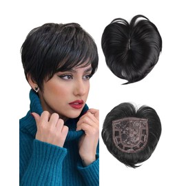 QUEENTAS Black Short Hair Toppers for Women with Thinning Hair 360°3D Cover with 5 Clips Hair Pieces Wispy Bangs 6"*6" Large Coverage Men's Toupee(Black/1B)