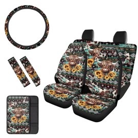 Pensura Vintage Aztec Highland Cow Print Car Front Back Seat Covers for Women with Steering Wheel Wrap Seat Belt Pads and Auto Console Armrest Cover Car Accessories Set of 7