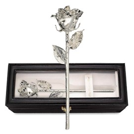 Forever Rose Leather Case Bundle - a Genuine, One of a Kind, Real Rose Hand Dipped in Silver with Beautiful Leather Case with LED Lights