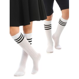Hugh Ugoli Knee High Socks for Girls, Boys, Natural Premium Cotton Long Tube School Uniform Socks with Stripes, Soft & Comfortable, White, 9-11 Years Old, 4 Pairs