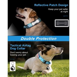 Hotsky Tactical Dog Collar and Leash Set, Heavy Duty Military Airtag Dog Collar with Handle and Metal Buckle for Training and Walking, with Airtag Holder and Two Patches (Blue Camo, M)