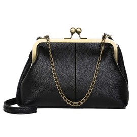 Women Small Vintage Chains Handbag - Pu Leather Kiss Lock Purse(Black)