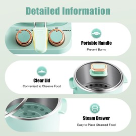 Multi-functional Breakfast Station, 3-in-1 Steaming, Boiling, and Frying Machine with Non-Stick Coating, 1050W, Temperature Control, for Small Kitchens, Dorms, and RVs,Green