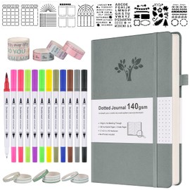 OFFIGIFT Bullet Dotted Journal Kit, 140gsm Hardcover A5 Dotted Journal with 188 Numbered Pages and 3 Index, 12 Brush Pens Dual Tip, 10 Stencils and 14 Washi Tape for Women Men Teen Girls, Gray