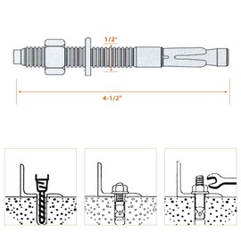1/2 x 4-1/2" Wedge Anchor, Zinc-Plated Carbon Steel Screw Bolt nut Expansion Head kit to Drill Wall, 5 PCS