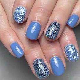 24Pcs Christmas Nails Press on Nails Short Round Fake Nails with Glue Blue Glitter Glossy Design Acrylic Nails Supply Winter Snowflake Xmas False Nails Stick on Nails for Women Girls DIY Manicure Tips