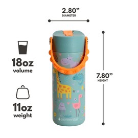 Elemental Insulated Kids Water Bottle, Stainless Steel Water Bottle with Straw Lid & Pop-It Handle, Leak-Proof Water Bottles for School, Boys or Girls, Travelling and Sports, 18oz - Safari