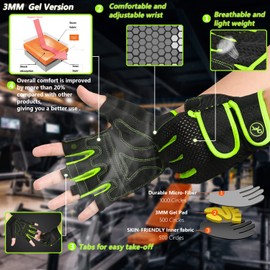 MOREOK Workout Gloves Padded Weight Lifting Gloves for Men/Women, [3MM Gel] Fingerless Grip Gym Gloves Fitness Gloves Green-XL