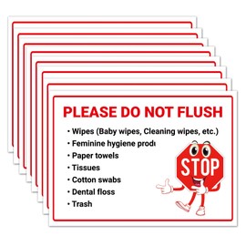 8 pack “Please Do Not Flush - Wipes, Feminine Hygiene Products, Paper Towels, Tissues, Trash” Bathroom Etiquette Sign with Funny STOP Symbol, Self Adhesive Weatherproof UV Protected Vinyl Decal
