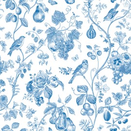 VEELIKE Chinoiserie Berries Bird Wallpaper Stick and Peel Vintage Blue Floral Wallpaper for Bedroom Bathroom 17.7''x118'' Prepasted Removable Toile Wall Paper Floral Contact Paper for Cabinets Drawers