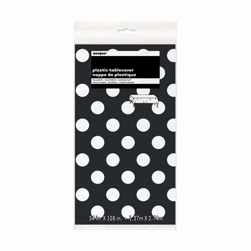 Polka Dot Plastic Tablecloth, 108" x 54", Black