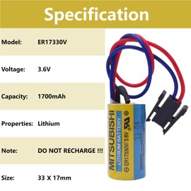 (2-Pcs) A6BAT ER17330V/3.6V MR-BAT Lithium Industrial Battery Size 2/3A with Plug for FANUC CNC System, for ER17330V A6BAT-MRBAT B9670MC A1S A2S AnS Series (3.6 Volt, 1.7 Ah, Non-rechargrable)