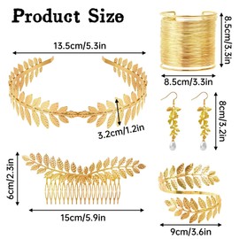 Sprießen 5 Piece Greek Goddess Costume Jewellery Set, Wedding Bridal Jewellery, Upper Bangle, Earrings, Laurel Wreath, Hair Clip, Bracelet Golden Wedding, Boho Leaf Hair Crown Accessories, Metal