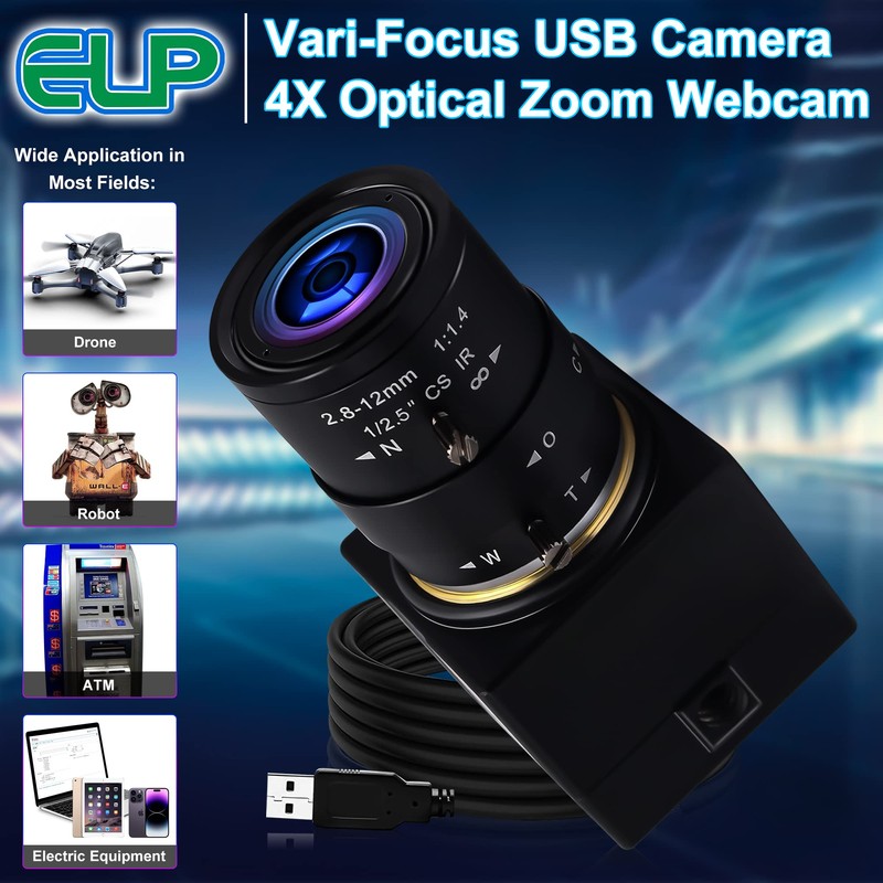 1080P USB Webcam with Zoom 2.8-12mm Vari-Focus PC Camera -
