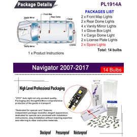 ZIYOLIGHT - PL1914A Replacement for Lincoln Navigator 2007-2017 LED Interior Light kit, 6000K White Dome Lights Accessories Package + License Plate Light Bulbs Upgrade (14 Bulbs)