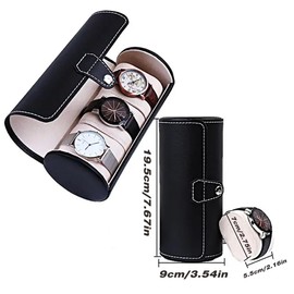 AIMALL Leather Black-White Travel Cylinder Watch and Tie Storage Box 7.67x3.54in with Three Compartments for Men and Women