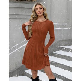 Womens Fit and Flare Winter Dress Crewneck Warm Winter Cable Knit Sweater Dress Orange S