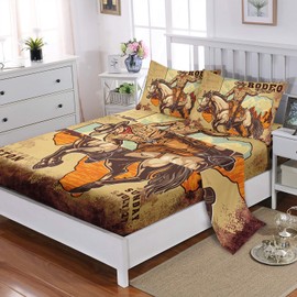 XYNHML Western Cowboy Sheet 4Pcs Horse Pattern Bedding Queen Farm Life Sheet Set for Teen Girl Boy Adult Retro Bed Decor Wrangler Rodeo Show Bedspread with 1Flat Sheet and 1Fitted Sheet+2 Pillowcases