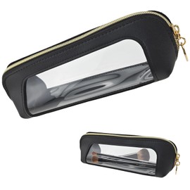 1 PACK Clear Makeup Bag, Leather Makeup Brush Bag, Double Sided Clear Toiletry Bag for Women, Portable Brush Bag Transparent Travel Cosmetic Bag, Makeup Case with Zipper