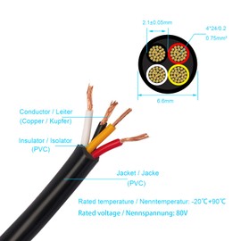BEIJISTAR 10 m Vehicle Cable 4 x 0.75 mm² Round Cable, 12 V 24 V 4 Core Trailer Cable, 4 Core Electric Cable FLRYY Car for Caravans Lorries RV Trailers