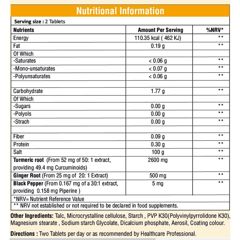 Turmeric Ginger and Black Pepper Tablets 2600mg - 180 Tablets
