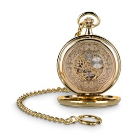 Hermann Jäckle Stylish Bayreuth Pocket Watch Gold-Plated with Hand-Winding Skeleton Movement Mineral Glass Quality Handwork Including Chain and Travel Case, gold, Classic