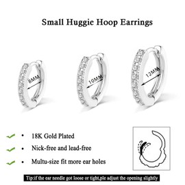 6 Pairs of Hoop Earrings, 14 Carat Gold-Plated Huggie Hoop Earrings, 925 Sterling Silver Small Hoop Earrings Set, Tiny Cubic Zirconia Cartilage Earrings for Men and Women, Cubic Zirconia, Cubic Zirconia