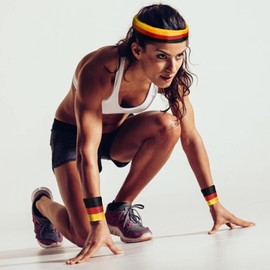 Yolev 3 Piece Sweatband Set Includes 1 Sports Headband and 2 Sports Wristbands Red Yellow Black Striped Sweatband Accessories for Men and Women