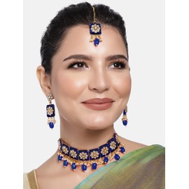 Aheli Ethnic Enamel Work Blue Choker Necklace with Earring Maangtikka Jewelry Set Gift for Women